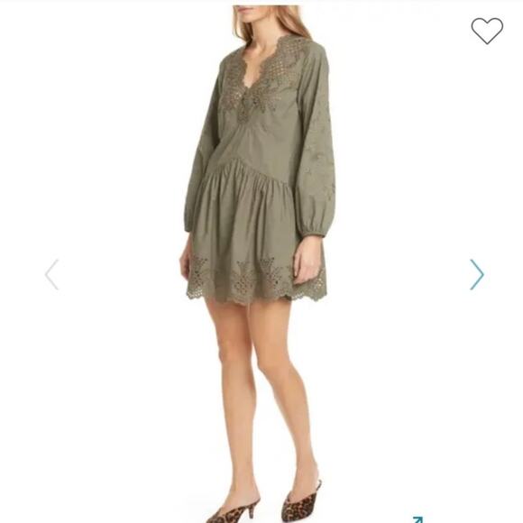 Rebecca Taylor La Vie Poplin Olive Embroidered Dress Large Long Sleeve Boho - Picture 1 of 8